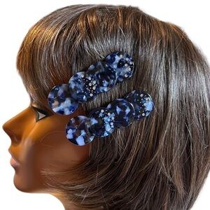 PAIR of Blue Marbled Lucite Hair Clips with Rhinestone Accents NWOT